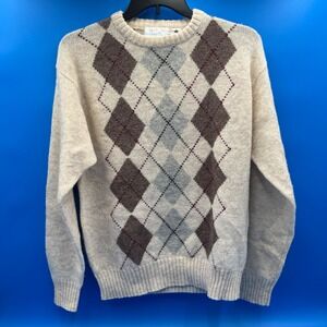 Freemantle Mens L Pure Wool Shetland Argyle Crewneck Grandpa Sweater Beige Brown